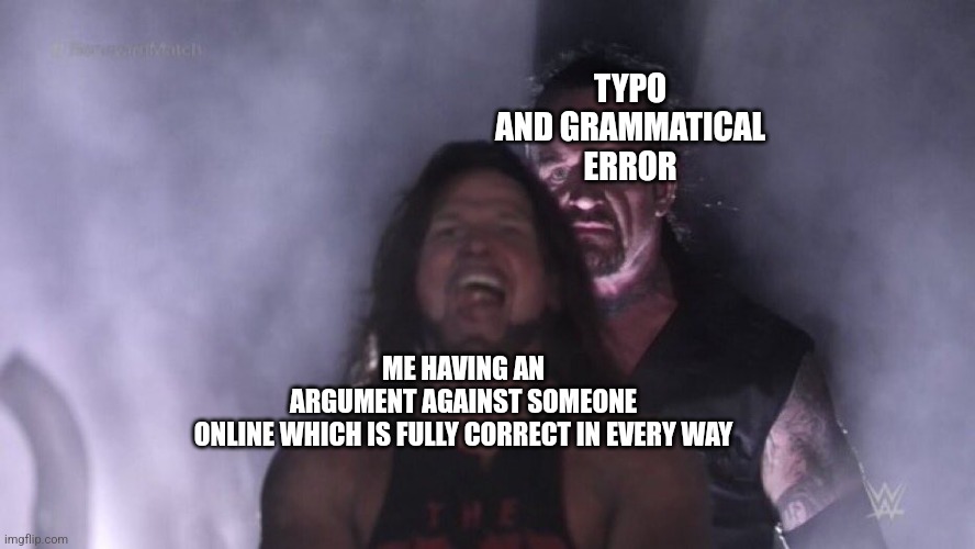 AJ Styles & Undertaker | TYPO AND GRAMMATICAL ERROR; ME HAVING AN ARGUMENT AGAINST SOMEONE ONLINE WHICH IS FULLY CORRECT IN EVERY WAY | image tagged in aj styles undertaker | made w/ Imgflip meme maker
