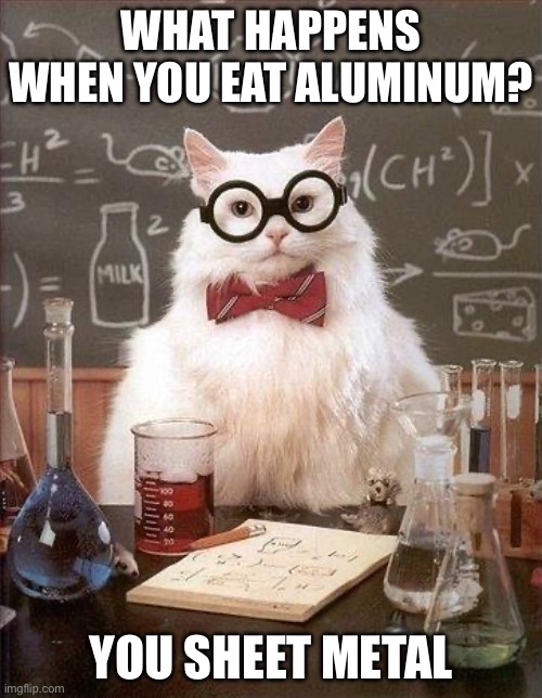 Chemistry Cat | WHAT HAPPENS WHEN YOU EAT ALUMINUM? YOU SHEET METAL | image tagged in chemistry cat | made w/ Imgflip meme maker