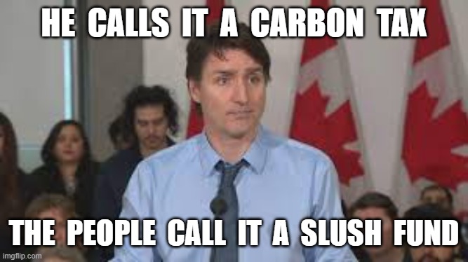 HE  CALLS  IT  A  CARBON  TAX; THE  PEOPLE  CALL  IT  A  SLUSH  FUND | image tagged in justin trudeau,carbon tax,climate hoax,slush fund | made w/ Imgflip meme maker
