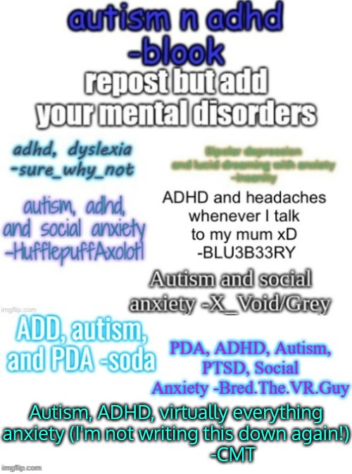 Image Title | Autism, ADHD, virtually everything anxiety (I'm not writing this down again!)
                        -CMT | image tagged in repost,memes | made w/ Imgflip meme maker
