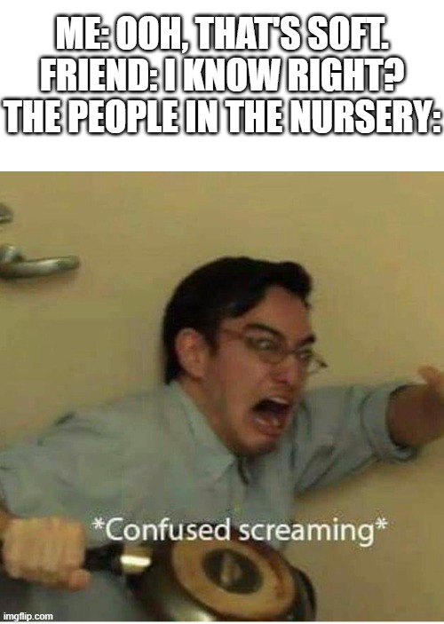 confused screaming | ME: OOH, THAT'S SOFT.
FRIEND: I KNOW RIGHT?
THE PEOPLE IN THE NURSERY: | image tagged in confused screaming | made w/ Imgflip meme maker