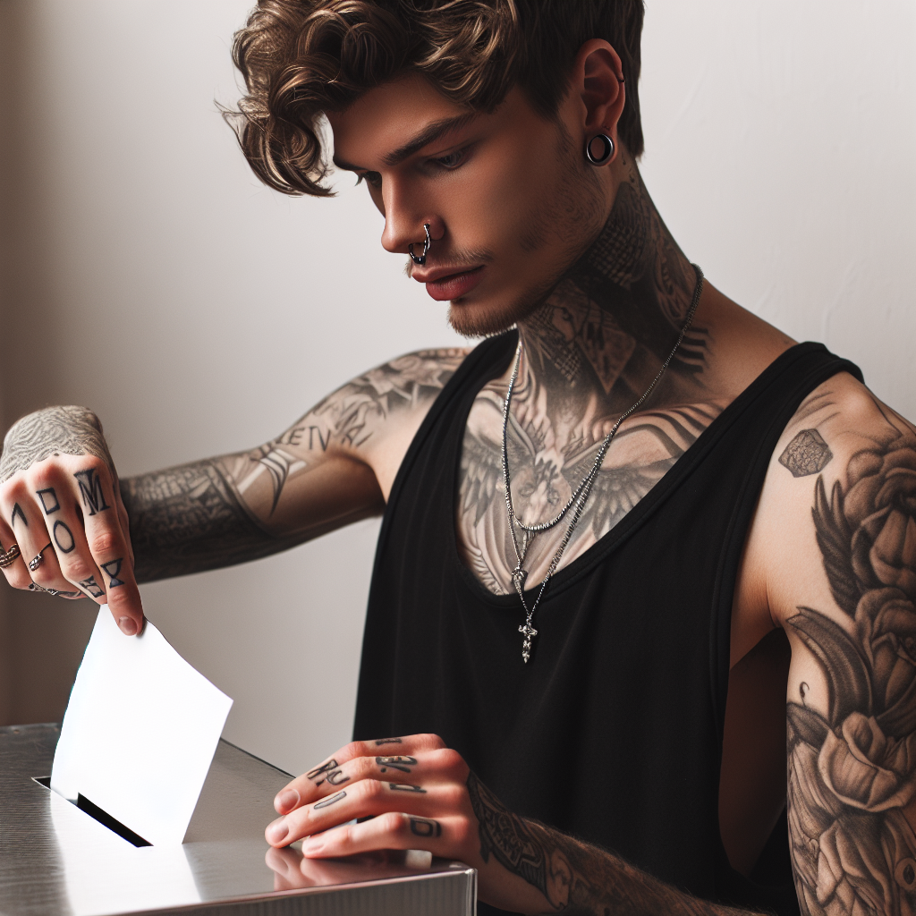 Young guy with tattoos and a nose ring puts ballot in ballot box Blank Meme Template