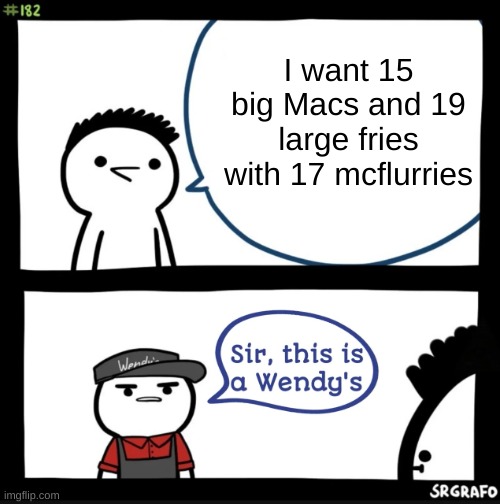 I'm concerned about this guy's health | I want 15 big Macs and 19 large fries with 17 mcflurries | image tagged in sir this is a wendys | made w/ Imgflip meme maker