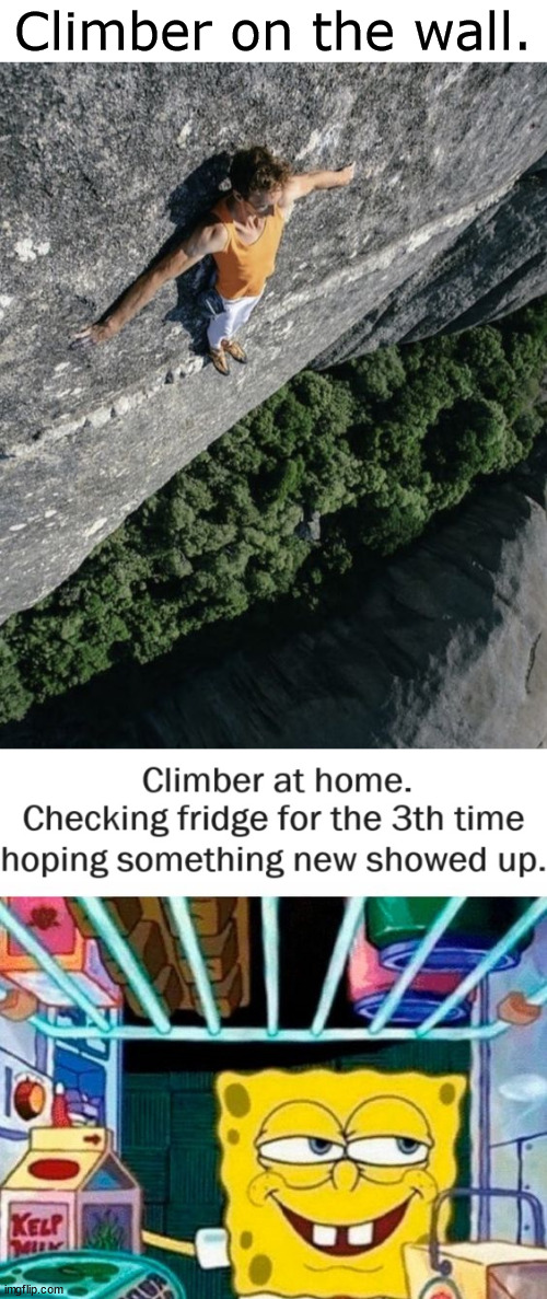 Climber outdoor vs. climber at home. | Climber on the wall. | image tagged in freeclimbing,lattice climbing,spongebob,pro climber,sport,meme | made w/ Imgflip meme maker