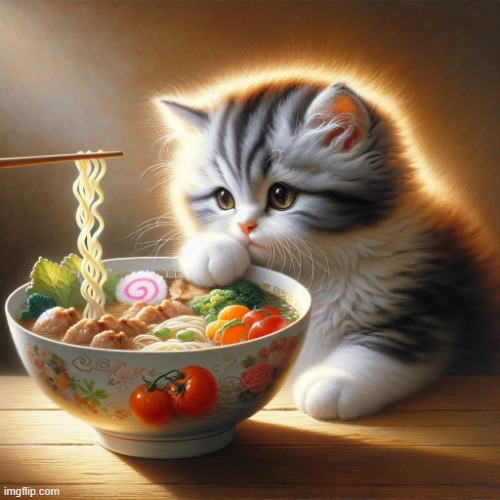 kitten eating ramen how adorable | made w/ Imgflip meme maker