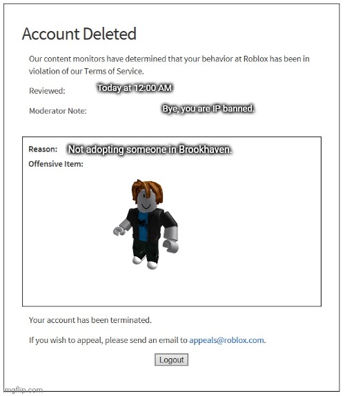 Brookhaven | Today at 12:00 AM; Bye, you are IP banned. Not adopting someone in Brookhaven. | image tagged in banned from roblox | made w/ Imgflip meme maker