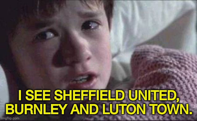 I see relegated teams | I SEE SHEFFIELD UNITED, BURNLEY AND LUTON TOWN. | image tagged in memes,i see dead people | made w/ Imgflip meme maker