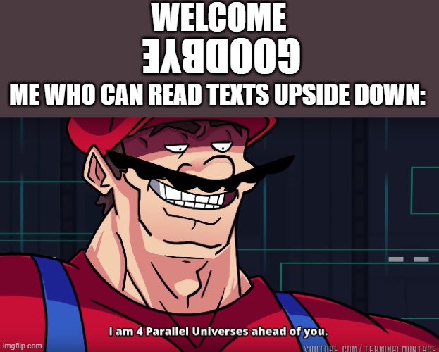 I am 4 parrallel universes ahead of you | WELCOME; GOODBYE; ME WHO CAN READ TEXTS UPSIDE DOWN: | image tagged in i am 4 parrallel universes ahead of you | made w/ Imgflip meme maker