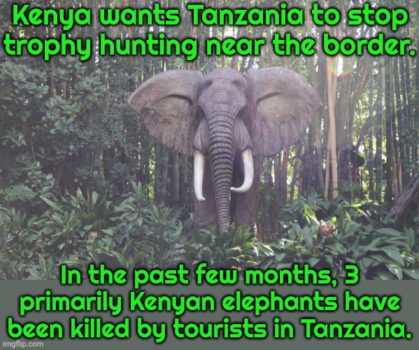 Kenya's tourism encouages non-violent safaris. | Kenya wants Tanzania to stop trophy hunting near the border. In the past few months, 3 primarily Kenyan elephants have been killed by tourists in Tanzania. | image tagged in jungle cruise african elephant,conservation,animals,africa,shooting | made w/ Imgflip meme maker