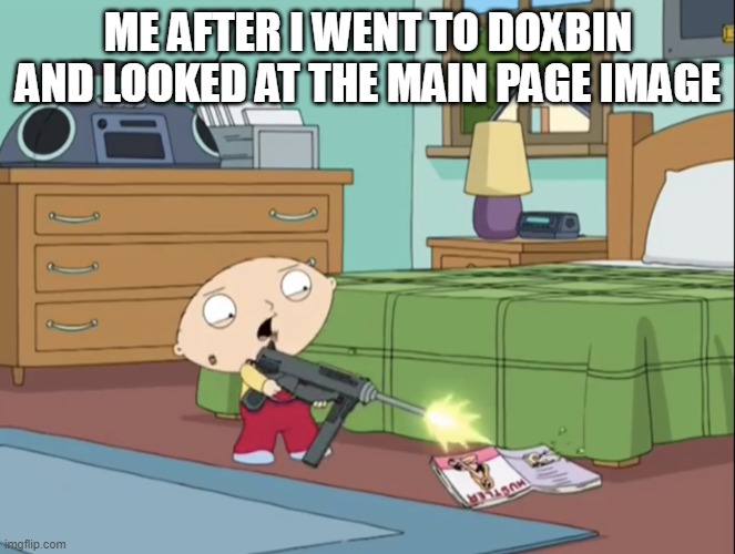 It was more cringey then scary but dont let your curiousity get you | ME AFTER I WENT TO DOXBIN AND LOOKED AT THE MAIN PAGE IMAGE | image tagged in stewie shooting magazine | made w/ Imgflip meme maker