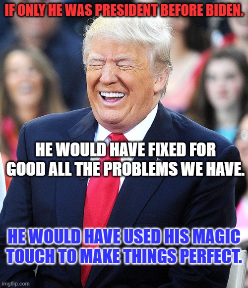 If only....... | IF ONLY HE WAS PRESIDENT BEFORE BIDEN. HE WOULD HAVE FIXED FOR GOOD ALL THE PROBLEMS WE HAVE. HE WOULD HAVE USED HIS MAGIC TOUCH TO MAKE THINGS PERFECT. | image tagged in politics | made w/ Imgflip meme maker