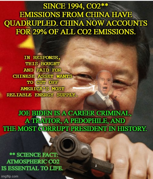 Stolen elections have consequences. | SINCE 1994, CO2** EMISSIONS FROM CHINA HAVE QUADRUPLED. CHINA NOW ACCOUNTS FOR 29% OF ALL CO2 EMISSIONS. IN RESPONSE, THIS BOUGHT AND PAID FOR CHINESE ASSET WANTS TO CUT OFF AMERICA'S MOST RELIABLE ENERGY SUPPLY. JOE BIDEN IS A CAREER CRIMINAL, A TRAITOR, A PEDOPHILE, AND THE MOST CORRUPT PRESIDENT IN HISTORY. ** SCIENCE FACT: ATMOSPHERIC CO2 IS ESSENTIAL TO LIFE. | image tagged in xi jinping,l treason,biden | made w/ Imgflip meme maker