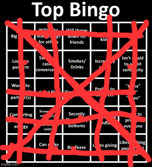 Does this my make a me a dominate? | image tagged in top bingo | made w/ Imgflip meme maker