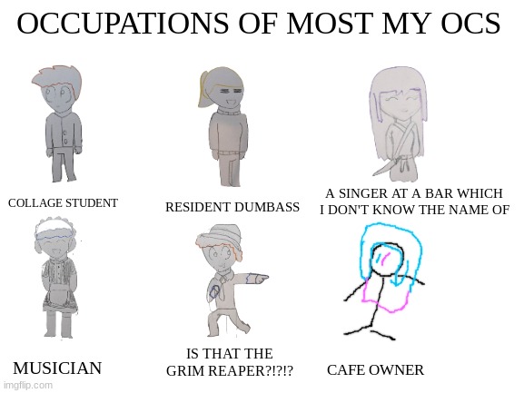 I got bored | OCCUPATIONS OF MOST MY OCS; COLLAGE STUDENT; RESIDENT DUMBASS; A SINGER AT A BAR WHICH I DON'T KNOW THE NAME OF; MUSICIAN; IS THAT THE GRIM REAPER?!?!? CAFE OWNER | image tagged in blank white template | made w/ Imgflip meme maker