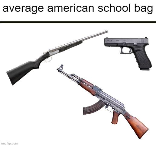 how to say "school" in american english, "shooting range" | average american school bag | image tagged in blank white template | made w/ Imgflip meme maker