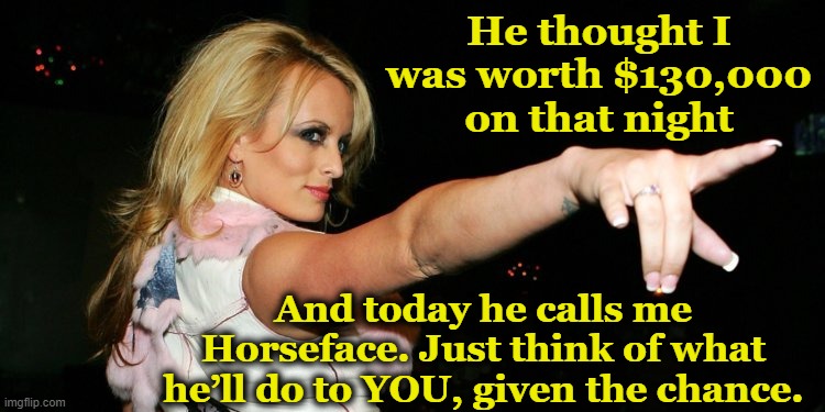 Donnie and Stormy | He thought I was worth $130,000 on that night; And today he calls me Horseface. Just think of what he’ll do to YOU, given the chance. | image tagged in stormy daniels,donald trump approves,trump,nevertrump meme,presidential race,maga | made w/ Imgflip meme maker
