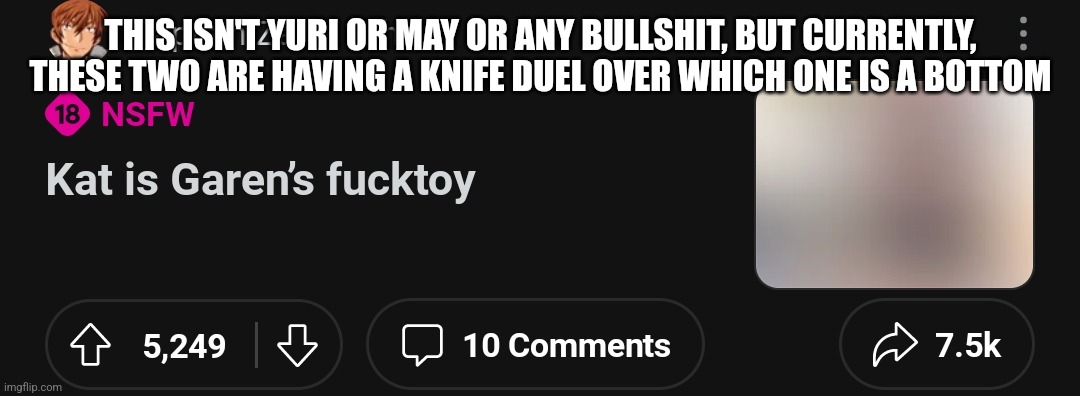 PLEASE NO | THIS ISN'T YURI OR MAY OR ANY BULLSHIT, BUT CURRENTLY, THESE TWO ARE HAVING A KNIFE DUEL OVER WHICH ONE IS A BOTTOM | image tagged in please no | made w/ Imgflip meme maker