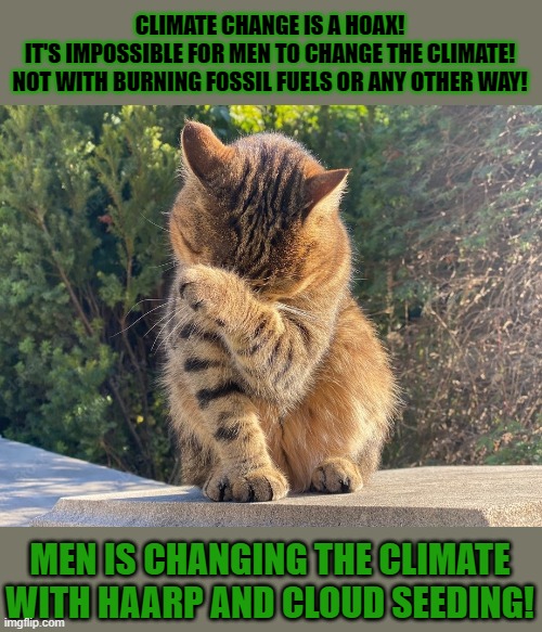 This #lolcat wonders if - according to wappies - men can change the climate or not | CLIMATE CHANGE IS A HOAX!
IT'S IMPOSSIBLE FOR MEN TO CHANGE THE CLIMATE!
NOT WITH BURNING FOSSIL FUELS OR ANY OTHER WAY! MEN IS CHANGING THE CLIMATE
WITH HAARP AND CLOUD SEEDING! | image tagged in climate change,wappies,lolcat,stupid people,cloud seeding,haarp | made w/ Imgflip meme maker