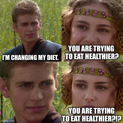 Trying Cannibalism | I’M CHANGING MY DIET. YOU ARE TRYING  TO EAT HEALTHIER? YOU ARE TRYING TO EAT HEALTHIER?!? | image tagged in anakin padme 4 panel | made w/ Imgflip meme maker
