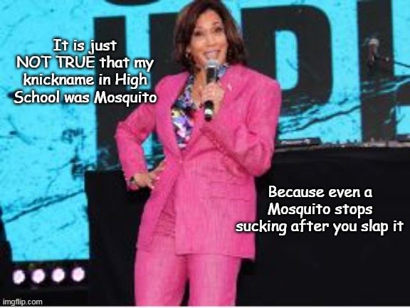 Tonight @ Zany's ! Cumala ! One night only (wish it was only one night) | It is just NOT TRUE that my knickname in High School was Mosquito Because even a Mosquito stops sucking after you slap it | image tagged in kamala mosquito knick nme meme | made w/ Imgflip meme maker