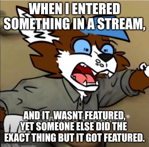 WHAT?!?! | WHEN I ENTERED SOMETHING IN A STREAM, AND IT  WASNT FEATURED, YET SOMEONE ELSE DID THE  EXACT THING BUT IT GOT FEATURED. | image tagged in confused furry screaming | made w/ Imgflip meme maker