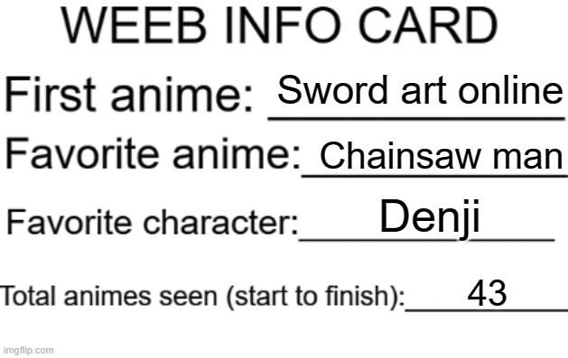 Weeb info card | Sword art online; Chainsaw man; Denji; 43 | image tagged in weeb info card | made w/ Imgflip meme maker