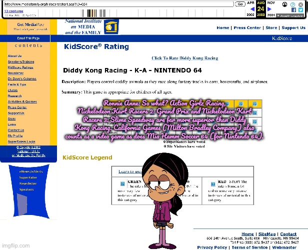 Ronnie Anne on Video Games (Common Sense Media) | Ronnie Anne: So what? Action Girlz Racing, Nickelodeon Kart Racers 2: Grand Prix and Nickelodeon Kart Racers 3: Slime Speedway are far more superior than Diddy Kong Racing. California Games (Milton Bradley Company) also counts as a video game as does Mia Hamm Soccer 64 (for Nintendo 64). | image tagged in ronnie anne,deviantart,ronnie anne santiago,video games,the loud house,nickelodeon | made w/ Imgflip meme maker