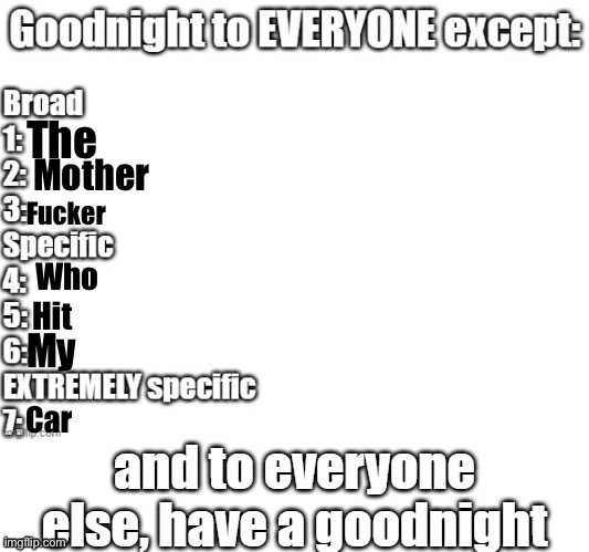 Could’ve been worse, still sucks tho | The; Mother; Fucker; Who; Hit; My; Car | image tagged in goodnight to everyone except | made w/ Imgflip meme maker