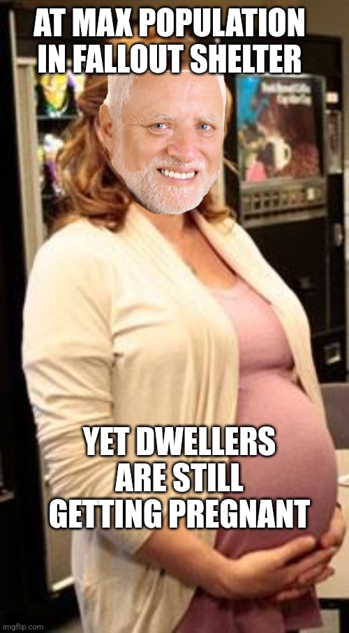 Guess You're Staying Pregnant? | AT MAX POPULATION IN FALLOUT SHELTER; YET DWELLERS ARE STILL GETTING PREGNANT | image tagged in the office pam pregnant,hide the pain harold,fallout shelter,overpopulation,fallout,vault dwellers | made w/ Imgflip meme maker