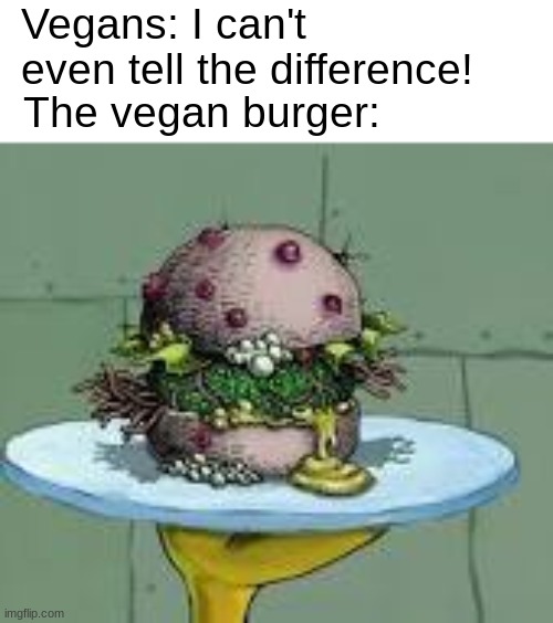 Vegans burger | Vegans: I can't even tell the difference! The vegan burger: | image tagged in vegan | made w/ Imgflip meme maker