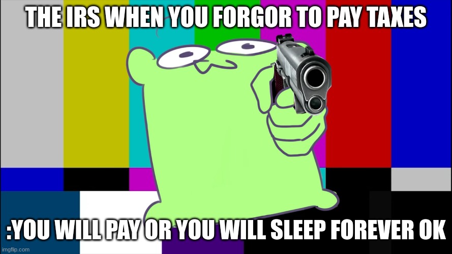 IRS time :) | THE IRS WHEN YOU FORGOR TO PAY TAXES; :YOU WILL PAY OR YOU WILL SLEEP FOREVER OK | image tagged in mulpan with gun | made w/ Imgflip meme maker