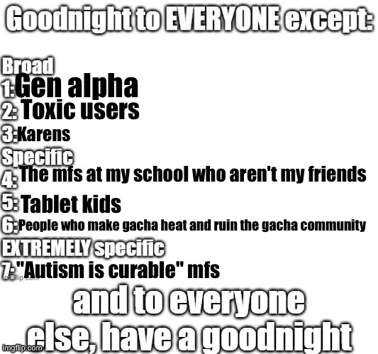 ^^ | Gen alpha; Toxic users; Karens; The mfs at my school who aren't my friends; Tablet kids; People who make gacha heat and ruin the gacha community; "Autism is curable" mfs | image tagged in goodnight to everyone except | made w/ Imgflip meme maker