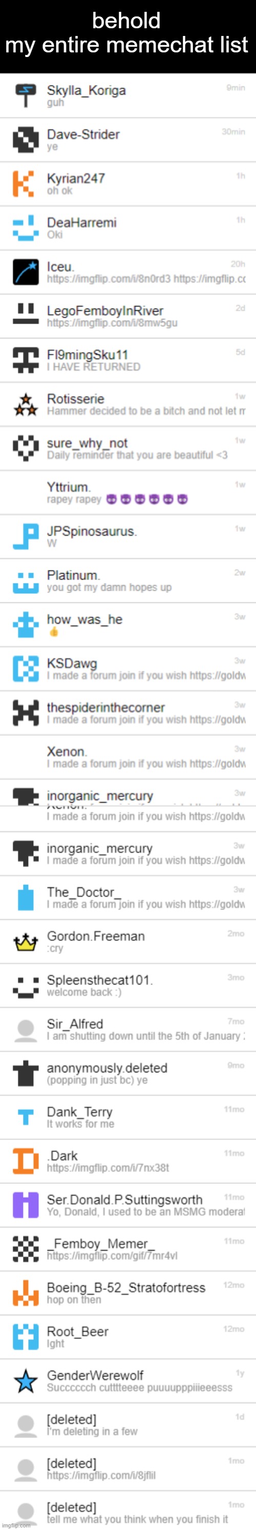 long as fuck | behold
my entire memechat list | made w/ Imgflip meme maker