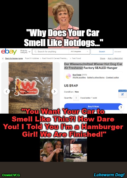 Lukewarm Dog! | "Why Does Your Car 

Smell Like Hotdogs..."; "You Want Your Car to 

Smell Like This?! How Dare 

You! I Told You I'm a Hamburger 

Girl! We Are Finished!"; Lukewarm Dog! OzwinEVCG | image tagged in say what again,silly,for sale,food,difference between men and women,dating | made w/ Imgflip meme maker