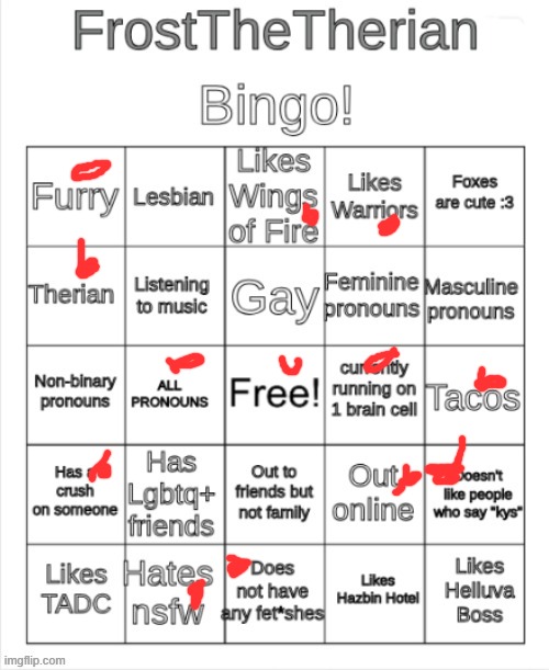 Frost the Therians bingo | image tagged in frost the therians bingo | made w/ Imgflip meme maker