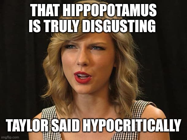 Taylor said hypocritically | THAT HIPPOPOTAMUS IS TRULY DISGUSTING; TAYLOR SAID HYPOCRITICALLY | image tagged in taylor swiftie | made w/ Imgflip meme maker