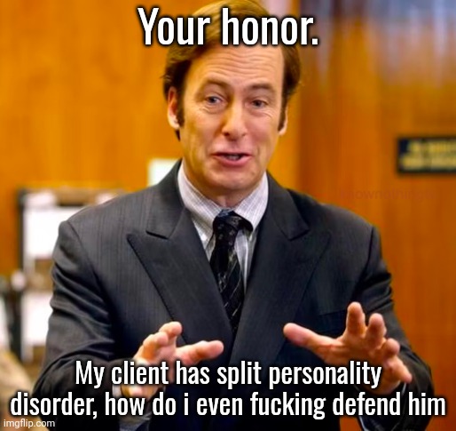 Saul Goodman Your Honor | Your honor. My client has split personality disorder, how do i even fucking defend him | image tagged in saul goodman your honor | made w/ Imgflip meme maker