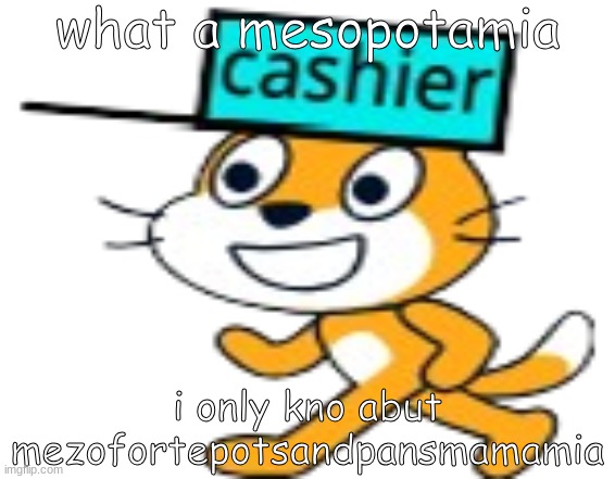 cashier cat | what a mesopotamia; i only kno abut mezofortepotsandpansmamamia | image tagged in cashier cat | made w/ Imgflip meme maker