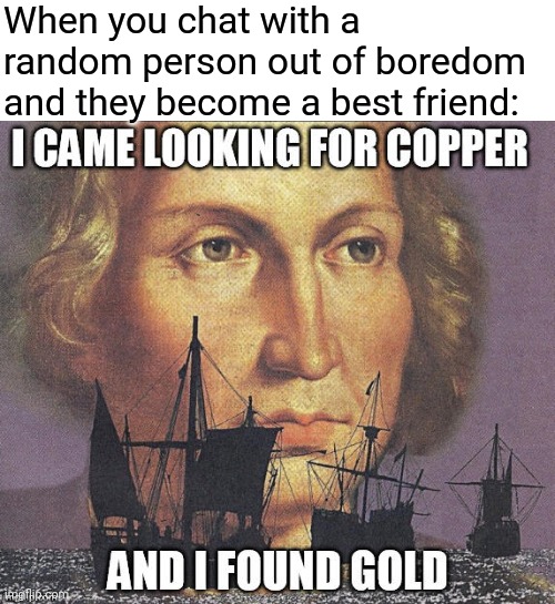 i came looking for copper but i found gold | When you chat with a random person out of boredom and they become a best friend: | image tagged in i came looking for copper but i found gold | made w/ Imgflip meme maker