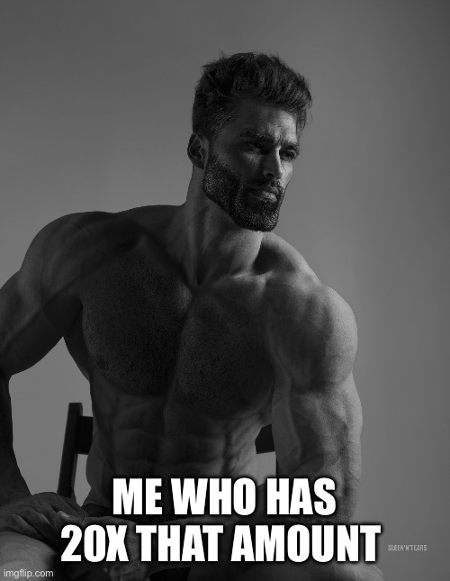 Giga Chad | ME WHO HAS 20X THAT AMOUNT | image tagged in giga chad | made w/ Imgflip meme maker