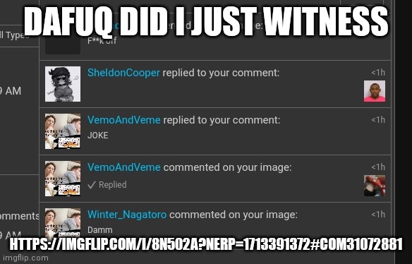broken image | DAFUQ DID I JUST WITNESS; HTTPS://IMGFLIP.COM/I/8N502A?NERP=1713391372#COM31072881 | made w/ Imgflip meme maker