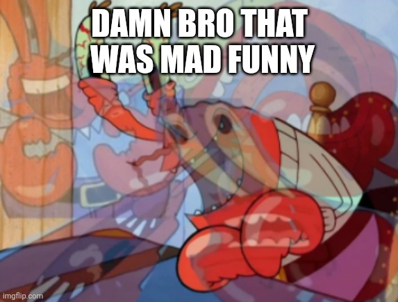 mr krabs laugh | DAMN BRO THAT
 WAS MAD FUNNY | image tagged in mr krabs laugh | made w/ Imgflip meme maker