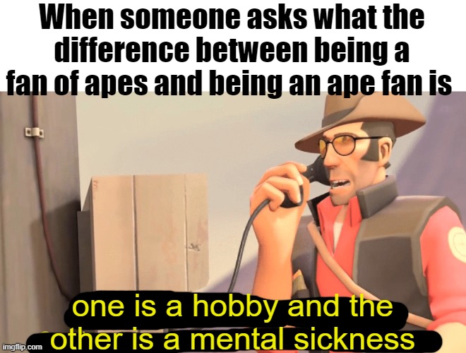 One has a job and the other's mental sickness | When someone asks what the difference between being a fan of apes and being an ape fan is; one is a hobby and the other is a mental sickness | image tagged in one has a job and the other's mental sickness | made w/ Imgflip meme maker
