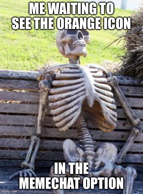 Waiting Skeleton Meme | ME WAITING TO SEE THE ORANGE ICON; IN THE MEMECHAT OPTION | image tagged in memes,waiting skeleton | made w/ Imgflip meme maker
