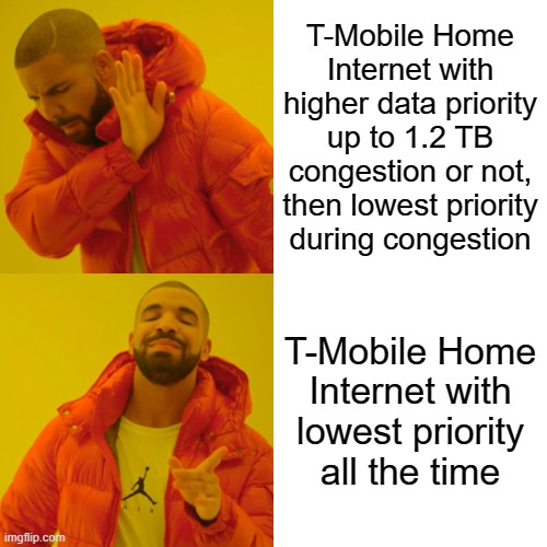 Drake Hotline Bling Meme | T-Mobile Home Internet with higher data priority up to 1.2 TB congestion or not, then lowest priority during congestion; T-Mobile Home Internet with lowest priority all the time | image tagged in memes,drake hotline bling | made w/ Imgflip meme maker