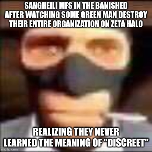 Here's a halo infinite campaign meme cuz im out of ideas | SANGHEILI MFS IN THE BANISHED AFTER WATCHING SOME GREEN MAN DESTROY THEIR ENTIRE ORGANIZATION ON ZETA HALO; REALIZING THEY NEVER LEARNED THE MEANING OF "DISCREET" | image tagged in spi,cursed,funny,memes,dank memes,halo | made w/ Imgflip meme maker