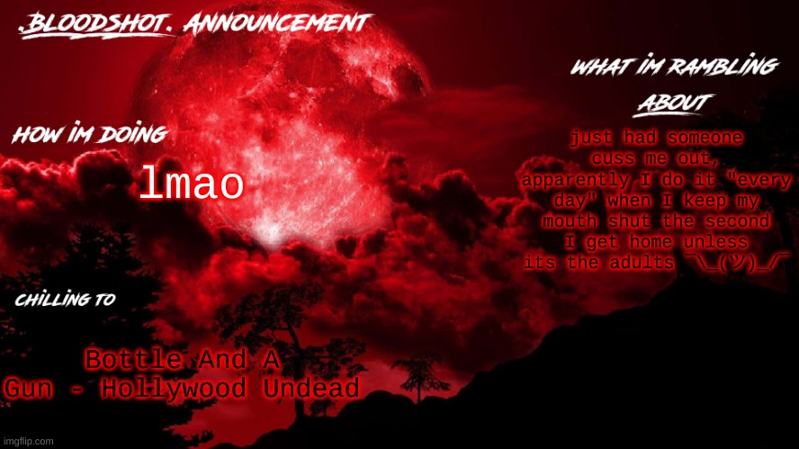 I live with rats istfg | just had someone cuss me out, apparently I do it "every day" when I keep my mouth shut the second I get home unless its the adults ¯\_(ツ)_/¯; lmao; Bottle And A Gun - Hollywood Undead | image tagged in blooshot announcement | made w/ Imgflip meme maker