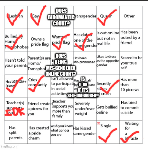 My Bingo | DOES BIROMANTIC COUNT? DOES BEING MIS-GENDERED ONLINE COUNT? IS IT OK IF IT'S SELF-DIAGNOSED? | image tagged in lgbtqia bingo | made w/ Imgflip meme maker