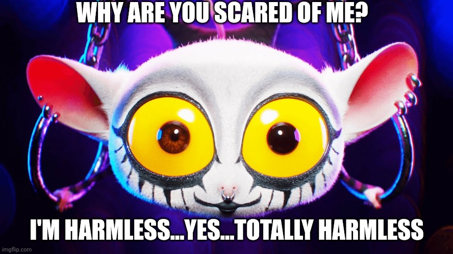 I'm Harmless | WHY ARE YOU SCARED OF ME? I'M HARMLESS...YES...TOTALLY HARMLESS | image tagged in sing 2 creepy lemur thing | made w/ Imgflip meme maker