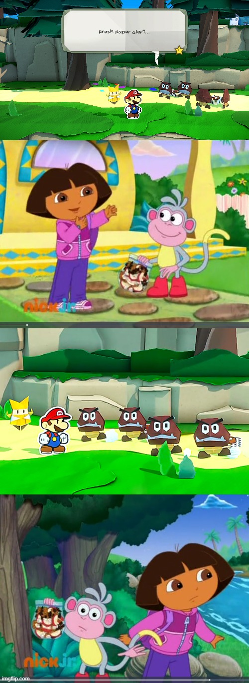 Fresh Paper Alert! | image tagged in paper mario,dora the explorer,paper mario the origami king | made w/ Imgflip meme maker